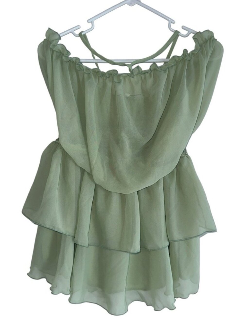 NWT Fashion Nova Sweet Like Summer Chiffon Mini Dress Sz L Green Coquette Halter